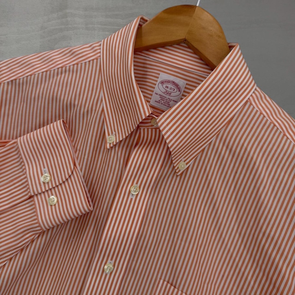 Brooks Brothers 346 Button Down Shirt Orange White Stripe Non-Iron 16-2/3
